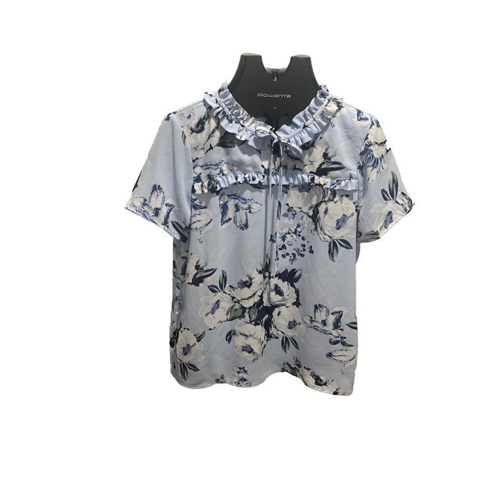 Karl Lagerfeld Paris Short Sleeve Blue Floral Neck Tie Blouse Top Size Medium